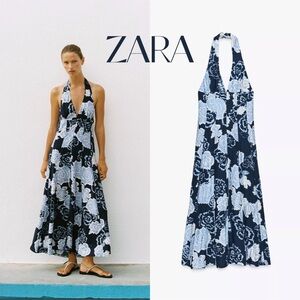Zara Women's Floral Print Halter Midi Dress Sz S NWT